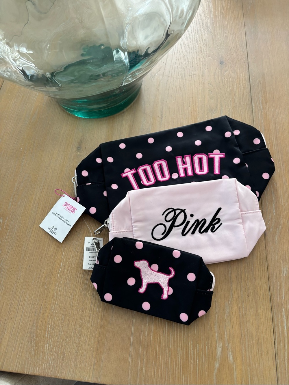 PINK Victoria's Secret Black and Light Pink Polka Dot Makeup Bag Trio